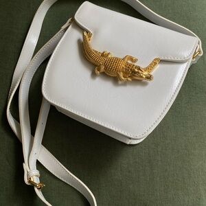 White and Gold Crocodile Accent Women Bag